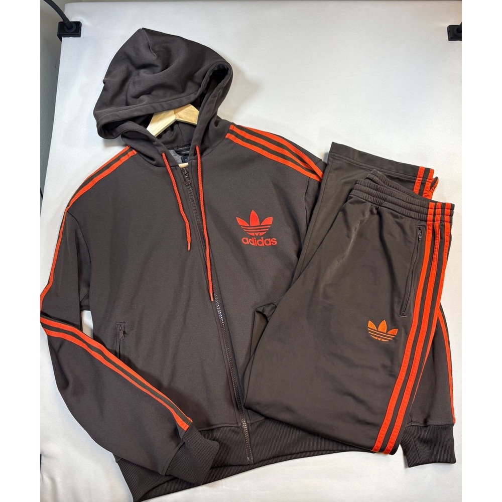 Adidas Originals Tracksuit Mens Large Brown Orange Hooded 2009 Retro Streetwear